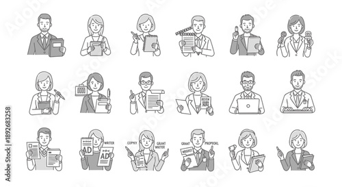 Set of diverse office workers illustrating various tasks and emotions in a professional environment with technology and communication