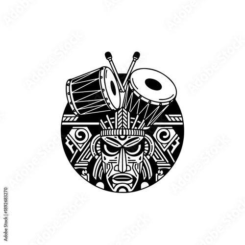 Stylized tribal mask illustration with traditional percussion drums. Black and white vector art depicting ancient ethnic culture, music, and rhythm.