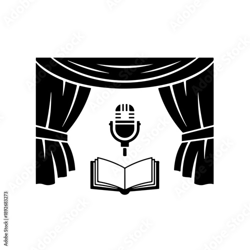 Audiobook podcast concept with vintage microphone, open book, and stage curtains. Storytelling, reading, live performance icon.