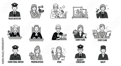 Various law enforcement and legal professions icons set in black and white line art style