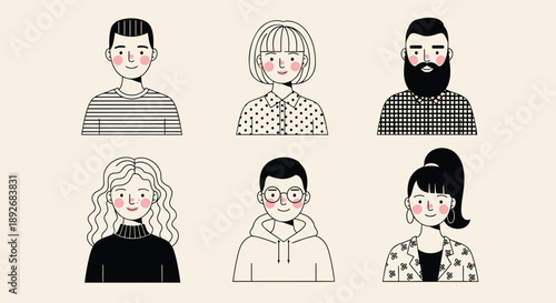 Diverse group of six cartoon people with different hairstyles and outfits on beige background