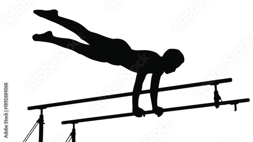 Artistic Silhouette of a Female Gymnast Performing a Parallel Bars Routine.