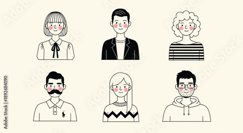 Diverse group of people with different hairstyles and expressions on a beige background