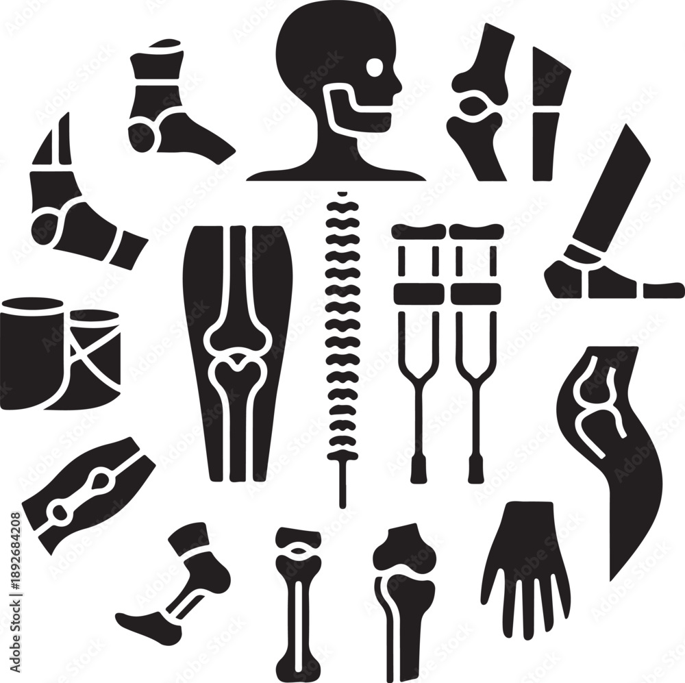 Obraz premium Orthopedic icons, bone fracture, leg cast, spine skeleton, knee joint, injury bandage, medical crutch, foot anatomy