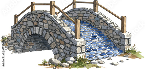 Traditional stone arch bridge vector illustration with cobblestone path wooden railings and grassy landscape on white background.