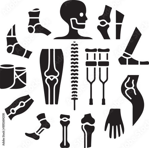 Orthopedic icons, bone fracture, leg cast, spine skeleton, knee joint, injury bandage, medical crutch, foot anatomy