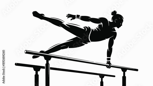 Artistic Silhouette of a Female Gymnast Performing a Parallel Bars Routine.