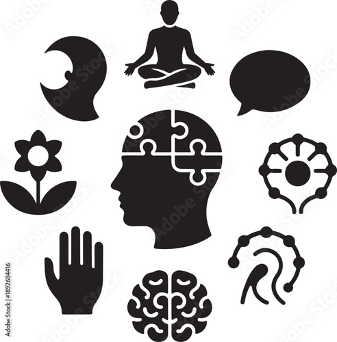 Mind icons, mental health, brain puzzle, meditation yoga, human head, psychology symbol, emotional balance, wellness therapy.