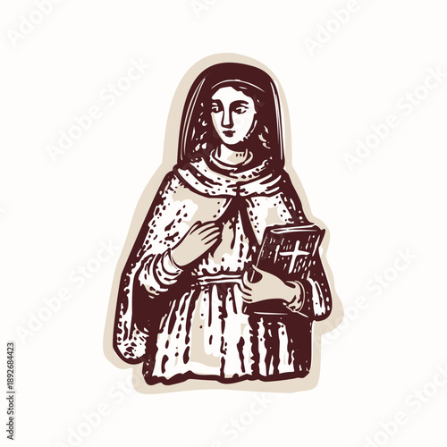 Holy saint figure with prayer request banner for religious christian church motif. Hand drawn black and white vector clip art isolated. Saintly faith based generic figure with bible aesthetic sticker 