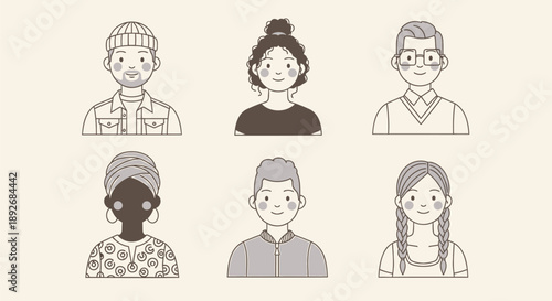Diverse group of people illustrated in minimalist line art style on beige background