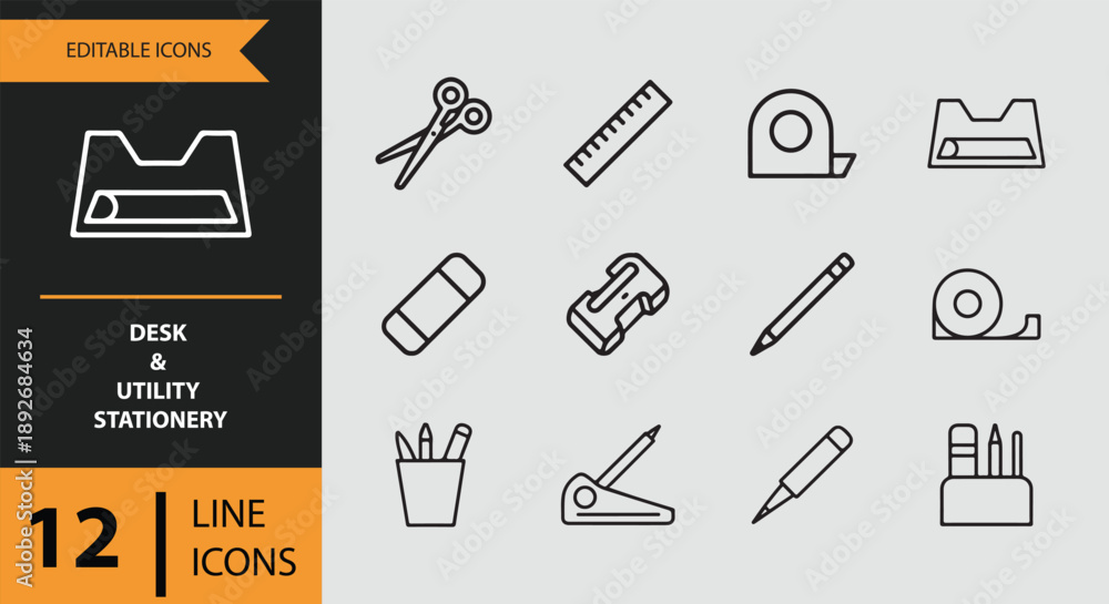 Obraz premium Desk and utility stationery line icons for office, school, and creative work supplies