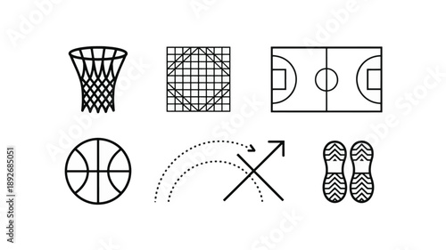 Comprehensive Minimalist Basketball Sports Equipment and Strategic Play Outline Icons.