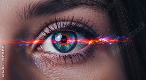 Woman eye with colorful galaxy and universe inside the iris. Creative vision and futuristic concept of perception or imagination. Spirituality idea.