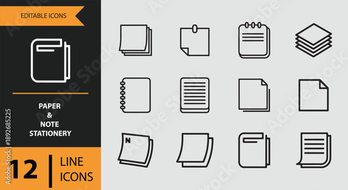 A set of 12 editable line icons representing various paper and note stationery items