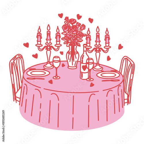 Minimalist illustration of romantic candlelight dinner for Valentines Day. Elegant love themed design element for greeting cards, banners, invitations and promotional graphics.