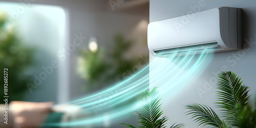 Modern air conditioning unit in a stylish interior, showcasing cool air flow and greenery, enhancing comfort and ambiance at home.