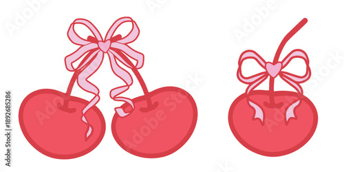 Minimalist illustration of red cherries decorated with bows. Cute and playful Valentines Day design element for cards, banners, invitations and romantic graphics.