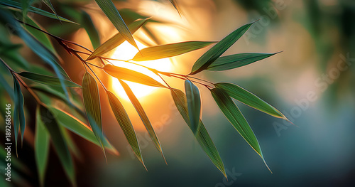 Soft sunlight filters through lush green leaves, creating a serene and tranquil atmosphere in nature.