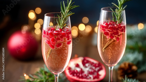 Sparkling pomegranate cocktails garnished with fresh herbs, perfect for festive celebrations and elegant gatherings.