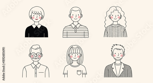 Diverse group of six illustrated people with different hairstyles and expressions on a beige background