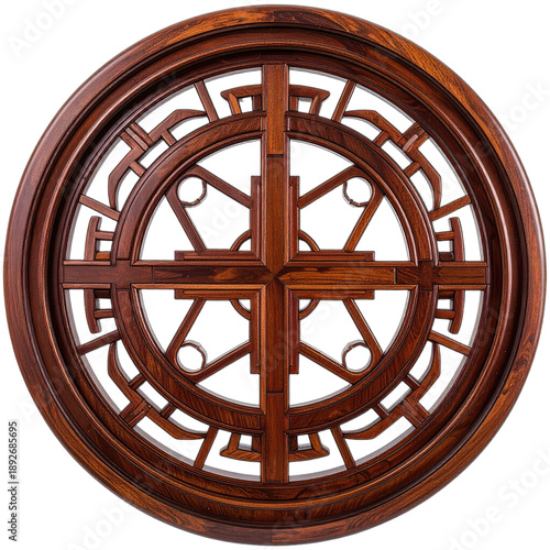 Intricately carved dark wood circular geometric lattice screen against a black background.