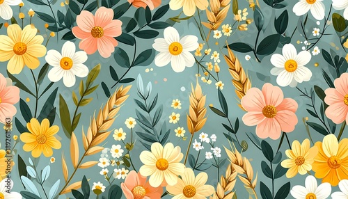 Seamless floral pattern featuring abstract colorful daisy flowers golden wheat stalks and dense leaves on a soft muted teal background