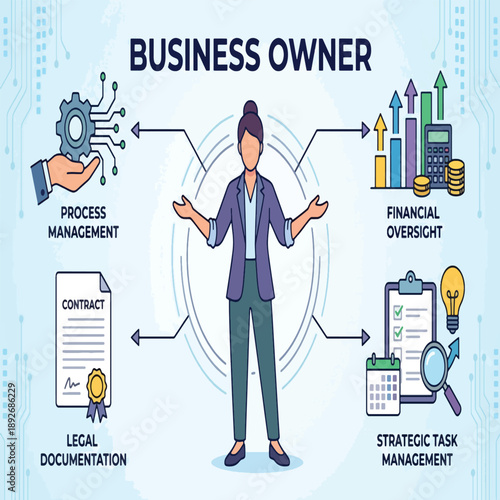 Professional woman business owner character managing company operations and tasks