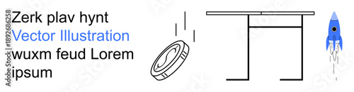 Innovation, startup, technology, minimal design, conceptual art, abstract . ion of a rocket in motion, a falling disk and a minimalist table. Innovation and startup concept