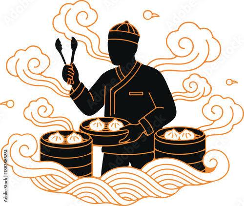 Stylized illustration of a chef serving dim sum from bamboo steamers, with decorative oriental cloud and wave motifs.