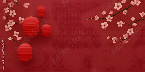 Vibrant red background adorned with traditional lanterns and cherry blossoms, symbolizing prosperity and cultural richness.