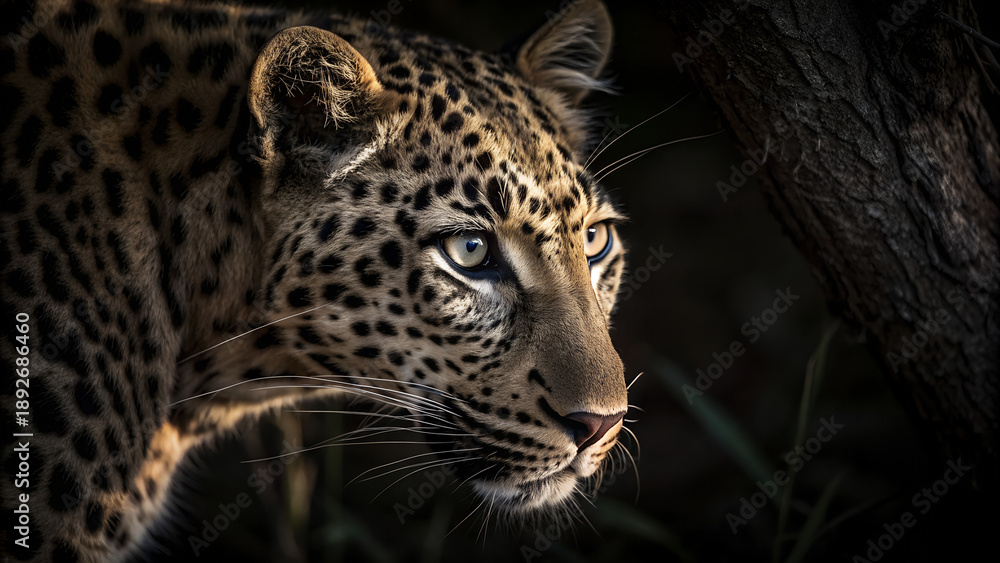 Obraz premium Dark Leopard Eyes Emerging from Shadow