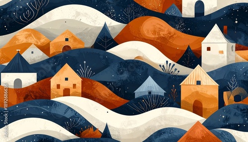 Stylized textured seamless pattern showcasing a magical winter village landscape with folk houses on rolling hills illustration perfect for seasonal textile print