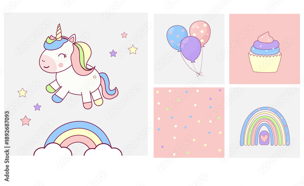 Fototapeta premium Unicorn card posters for celebration,kids birthday, Cute Unicorn Posters.