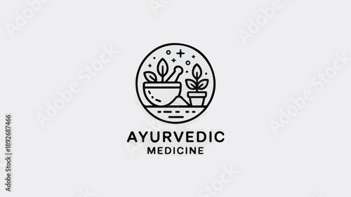 ayurvedic wellness herbal logo with bowl and leaves.