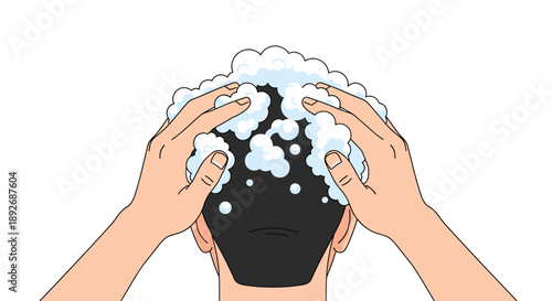 Illustration of Hands Lathering Shampoo on Scalp with White Soap Bubbles for Hair Hygiene and Care Visuals