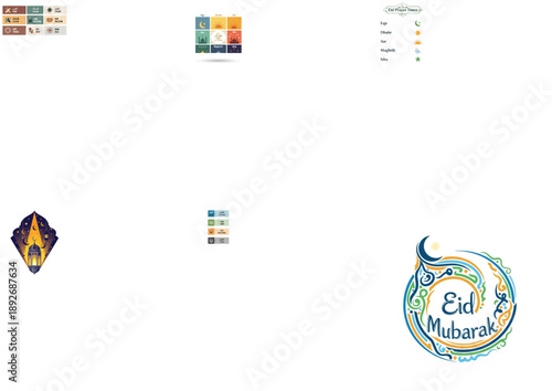 Islamic Eid prayer times and symbols with mosque and lantern illustrations schedule