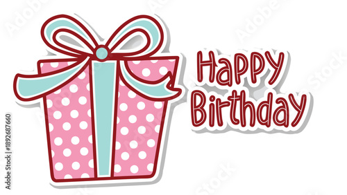 Vintage style happy birthday illustration with pink gift box and polka dots