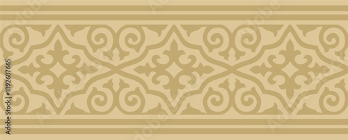 Kazakh national endless golden ornament. Ethnic pattern. Border reflecting nomadic culture. Suitable for design and textiles.