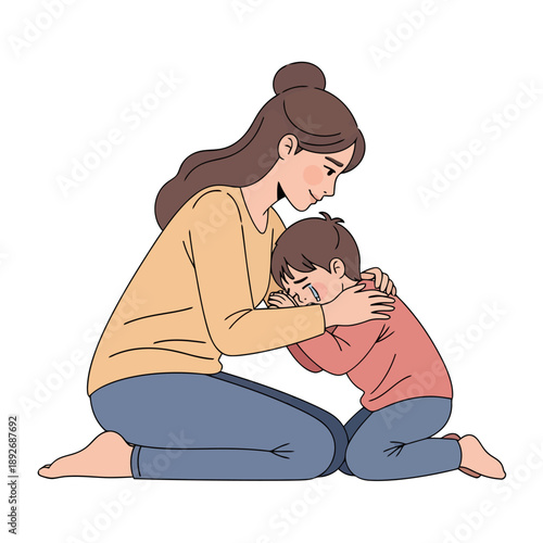 A mother comforting her distressed child in a tender moment, kneeling together on the floor, vector illustration