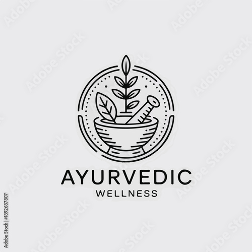 ayurvedic wellness herbal logo with bowl and leaves.