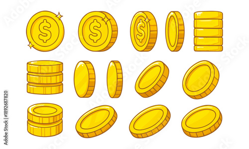 Cartoon Gold Coins Set – Game Currency Icons & Dollar Stack desing
