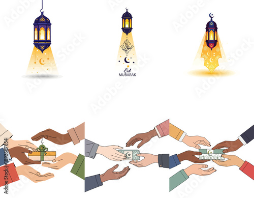 Islamic lanterns and hands exchanging gifts and money 