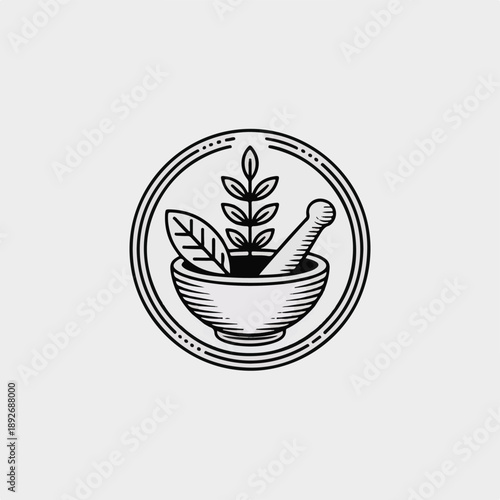 Minimalist Herbal Apothecary Logo Featuring Mortar Pestle and Botanical Leaves.