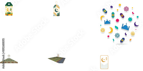 Islamic prayer mats, tags, and scattered festive symbols Ramadan