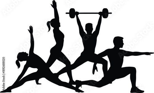 Black silhouettes of men and women performing fitness yoga dance and gymnastics poses