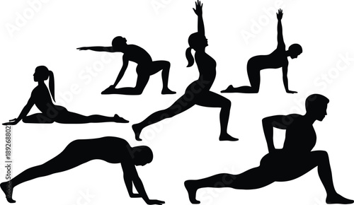 Black silhouettes of men and women performing fitness yoga dance and gymnastics poses