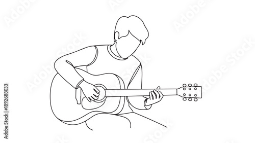 Continuous line drawing of a person playing an acoustic guitar, perfect for music and hobby-related content