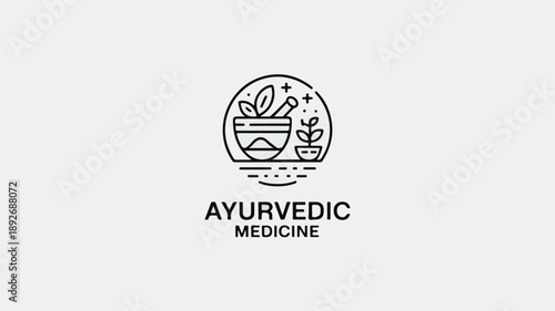 ayurvedic wellness herbal logo with bowl and leaves.