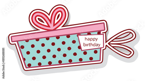 Vintage aqua gift box with pink ribbon and happy birthday tag illustration