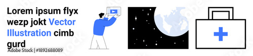 Person watching online content, a globe with stars symbolizing global reach, and a medical kit with a cross. Ideal for digital services, science, education, health, technology, remote work simple